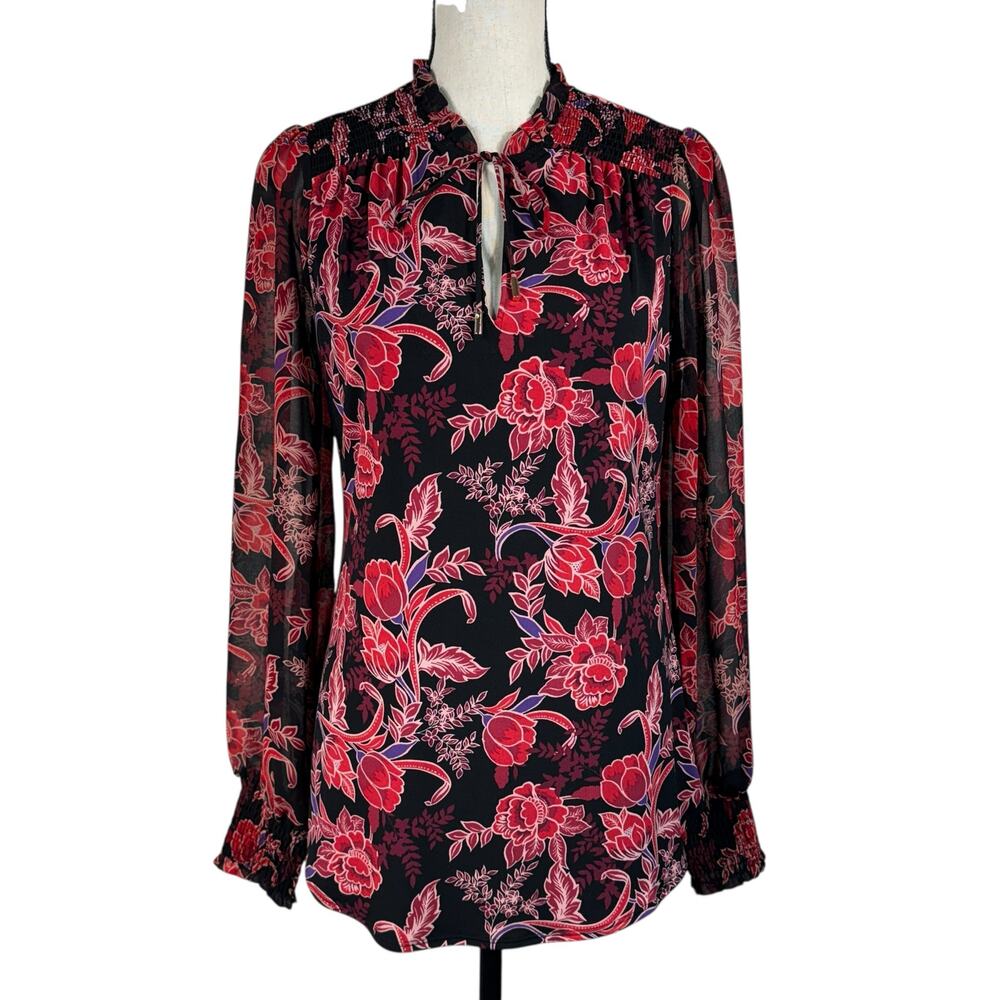 WHBM Small Tunic Top Floral Lined Long Balloon Sleeve Stretch Keyhole Smocked